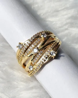 Golden multi-band crystal statement ring for women