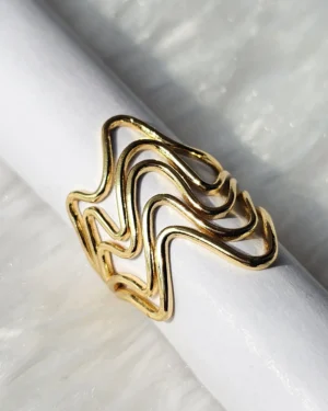 Golden wave open cuff statement ring for women