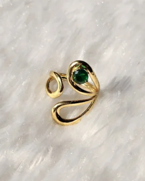 Gold Tone Green Stone Sculptural Open Statement Ring - Image 2