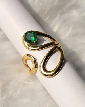 Gold tone green stone sculptural open statement ring