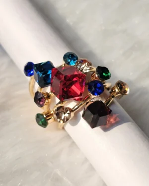 Golden Kaleidoscope Multicolor Statement Ring with red blue and green faceted stones