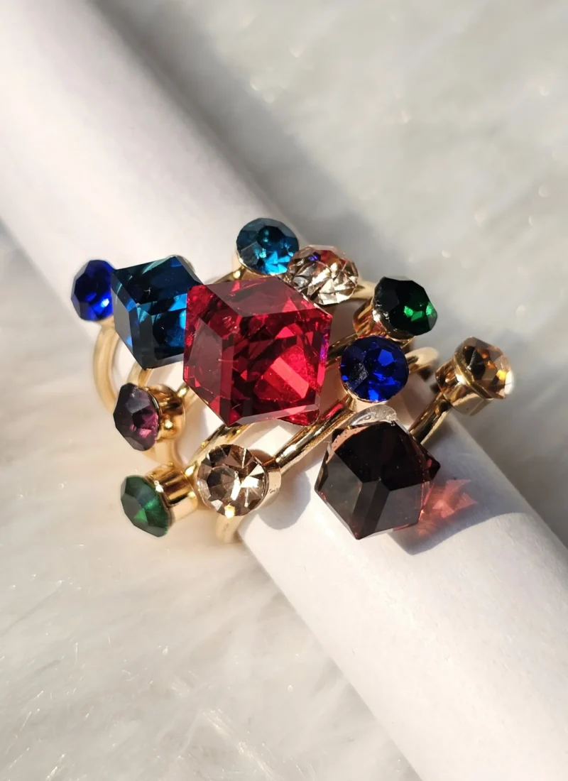 Golden Kaleidoscope Multicolor Statement Ring with red blue and green faceted stones