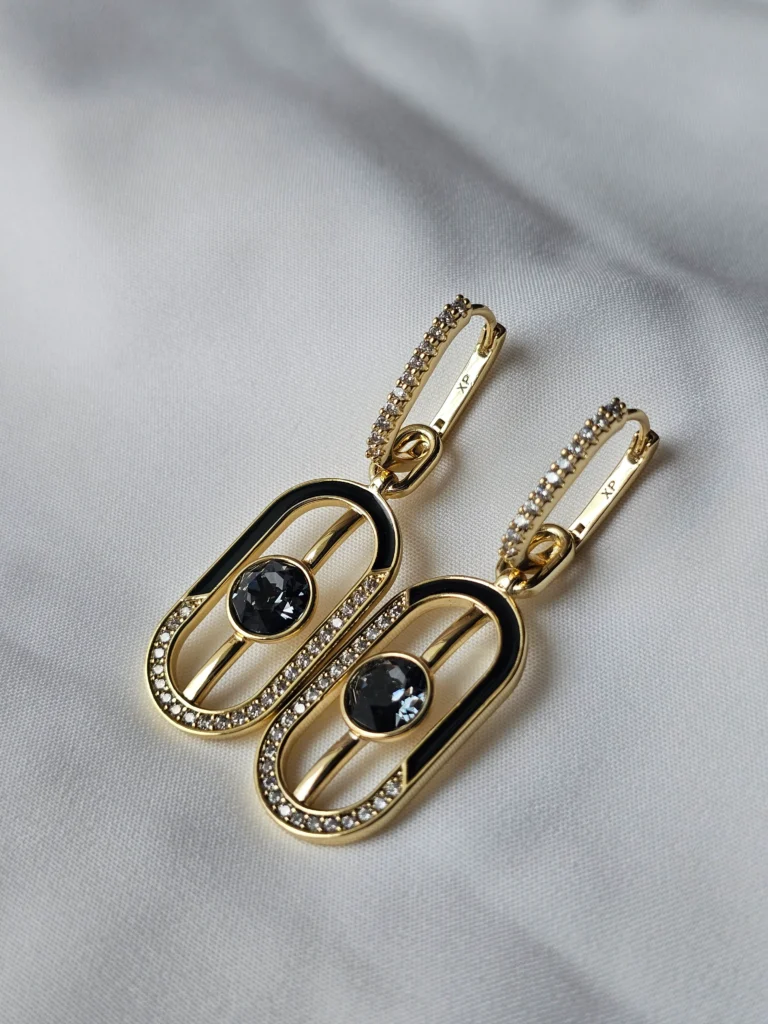 Golden Noir Crystal Geometric Drop Earrings
