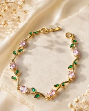 Elysian Pink & Green Crystal Vine Bracelet worn by woman