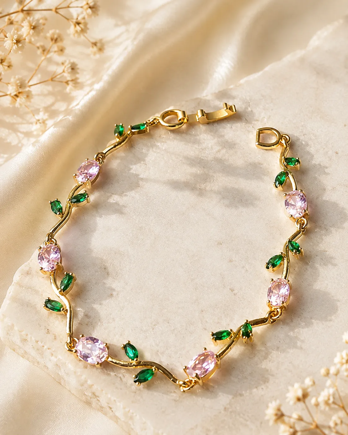 Elysian Pink & Green Crystal Vine Bracelet Worn by Woman Elysian Pink & Green Crystal Vine Bracelet worn by woman