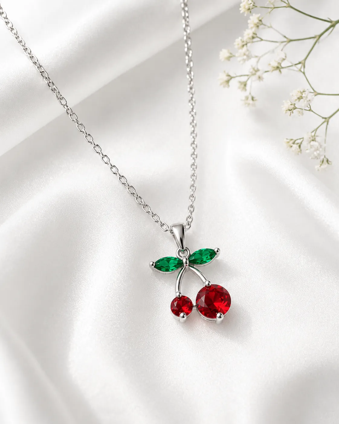 Silver Cherry Charm Pendant Necklace Silver cherry charm pendant necklace with red cherries and green leaves