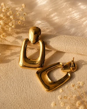 Golden Sculpted U-Shape Drop Earrings - Image 3